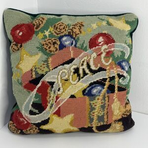 Vintage Handmade Needlepoint Pillow Christmas  Peace Velvet Back 13x13 Gift
